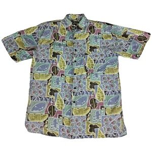 Robert Stock Mens Large 100% Silk Abstract Leaf Print Short Sleeve Button Shirt